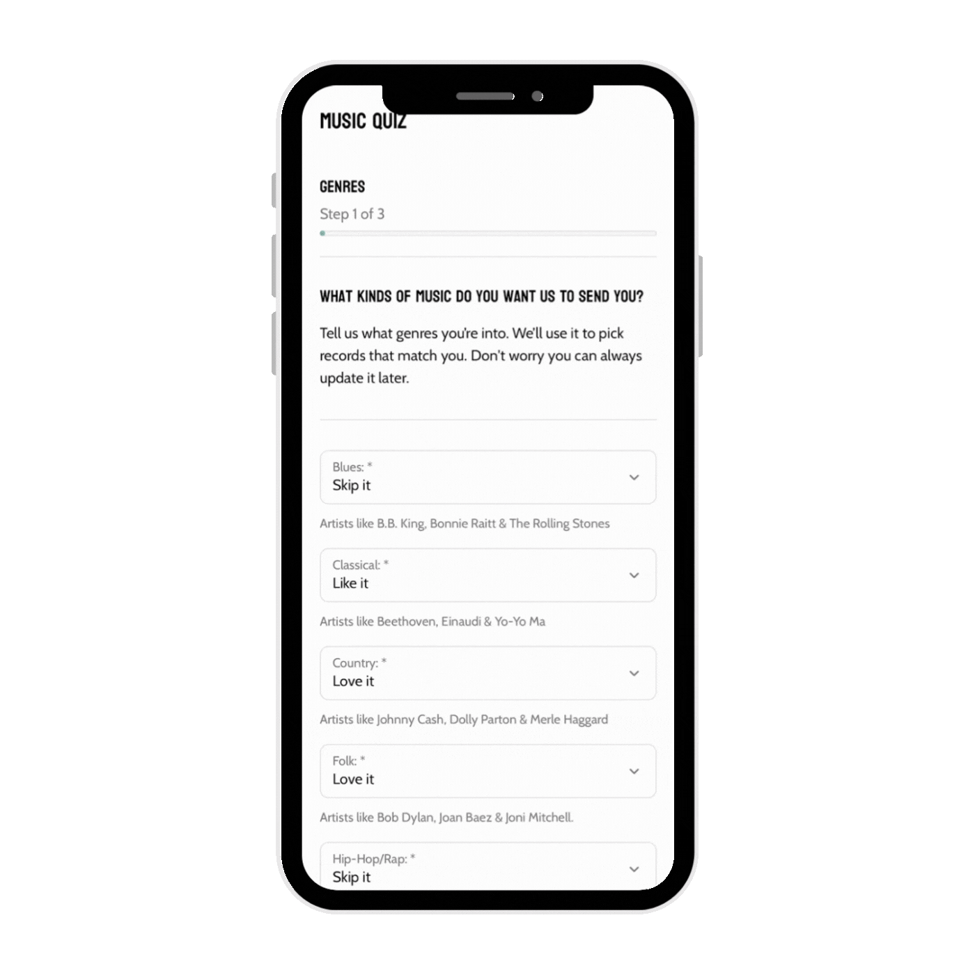 Example of music quiz for vintage vinyl record subscription club.